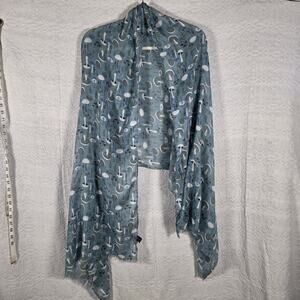 Peony Mushroom Print Blue Rectangle Scarf Boho Whimsy Nature Lightweight Cute